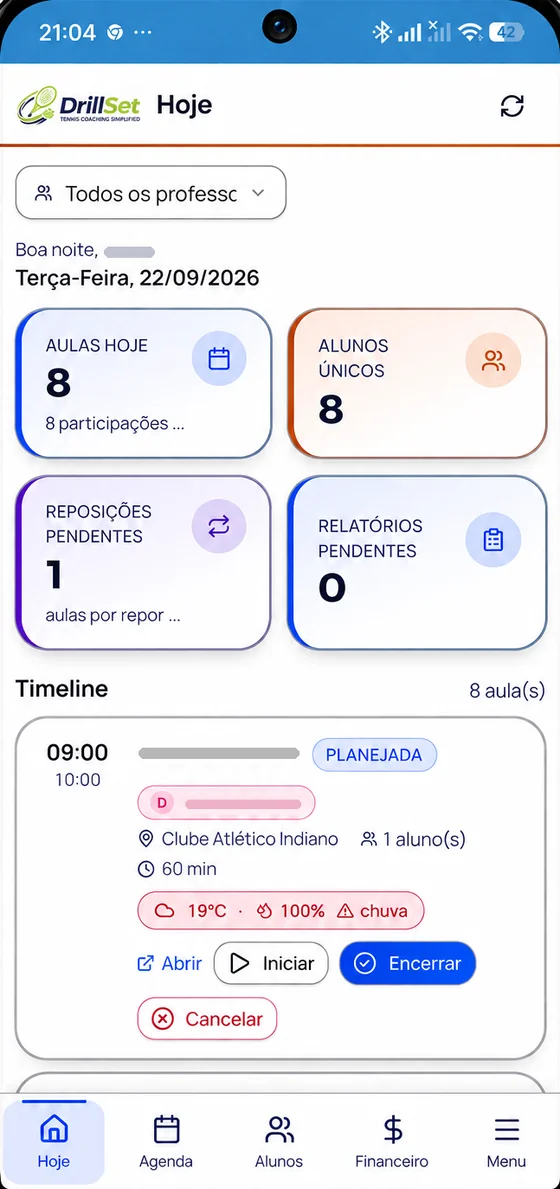 Aba Hoje do DrillSet no celular: aulas do dia, alunos, reposições e relatórios pendentes e a linha do tempo com a previsão do tempo de cada aula. Nomes ocultados.